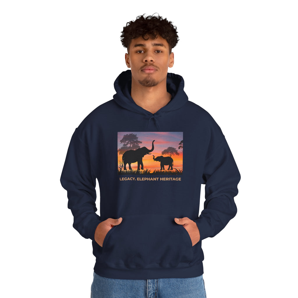 Elephant Sunset Hoodie — "Legacy, Elephant Heritage" Graphic Sweatshirt