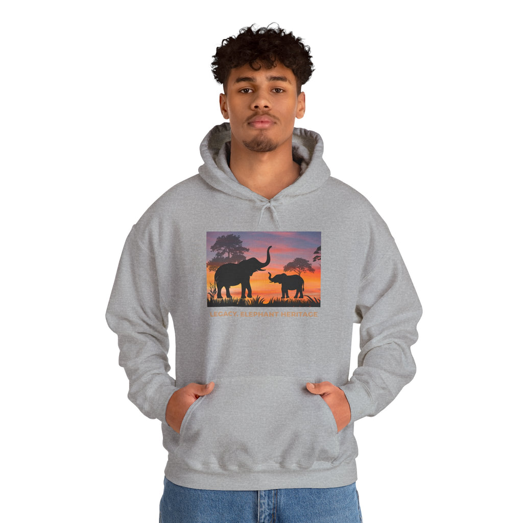 Elephant Sunset Hoodie — "Legacy, Elephant Heritage" Graphic Sweatshirt