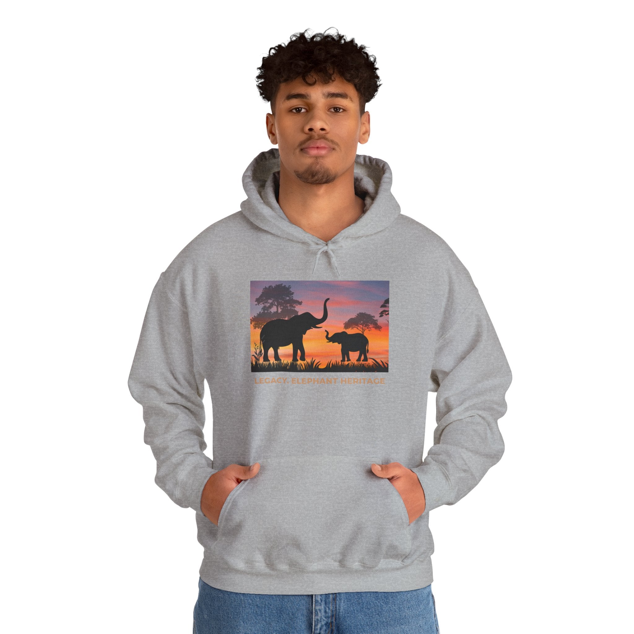 Elephant Sunset Hoodie — "Legacy, Elephant Heritage" Graphic Sweatshirt